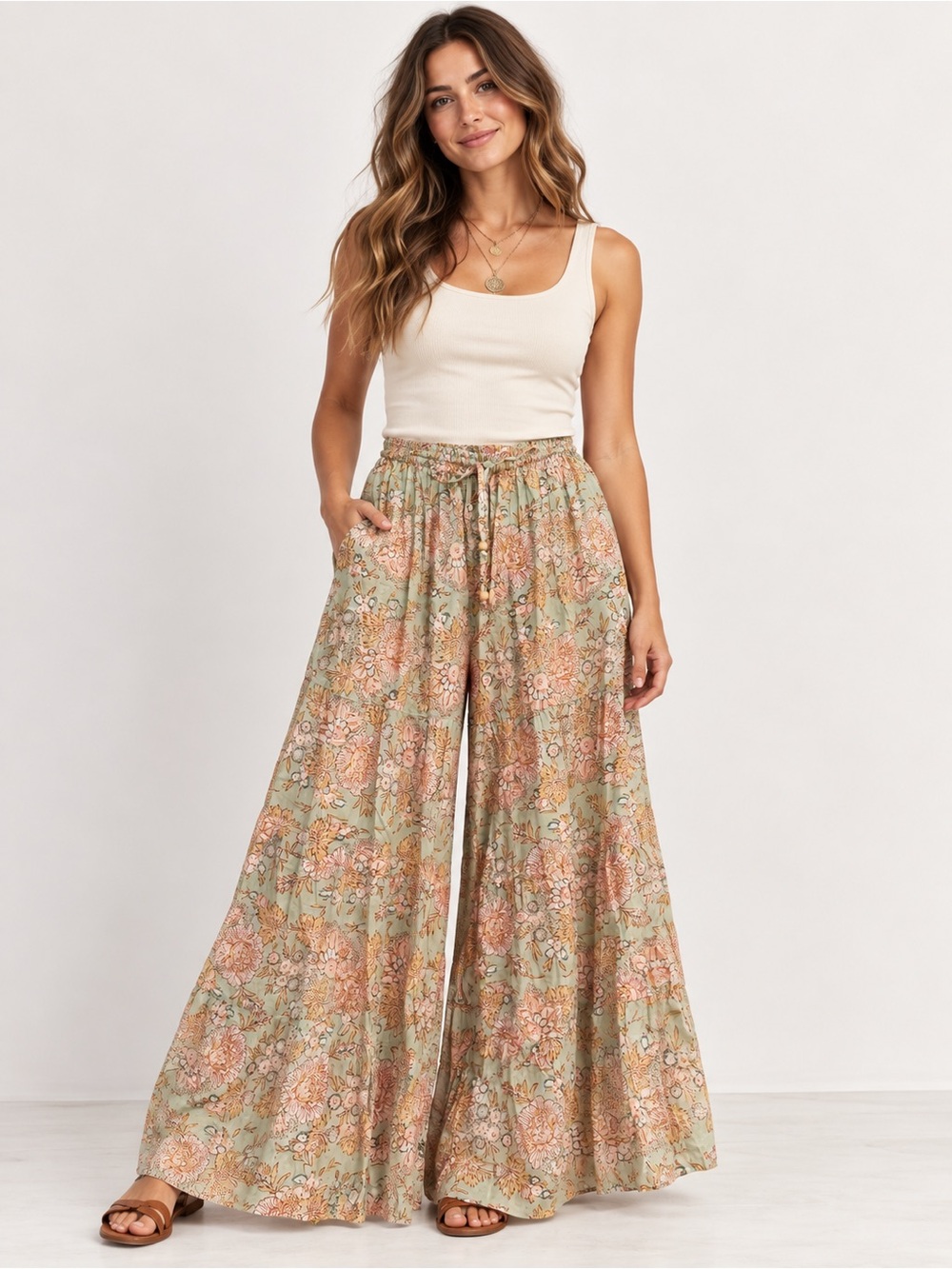 Jaded Gypsy Floral Palazzo Wide Leg Pants Cotton Boho Sage Green